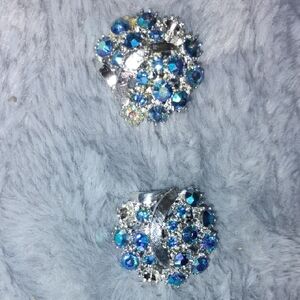 Silver Tone Blue Crystal Cluster Earrings